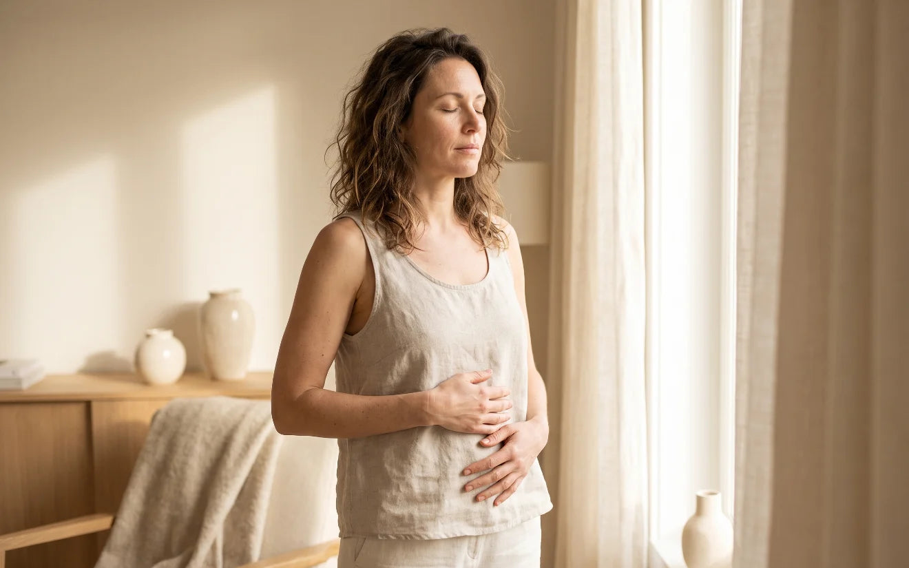 Woman standing in soft morning light with a calm, relaxed midsection
