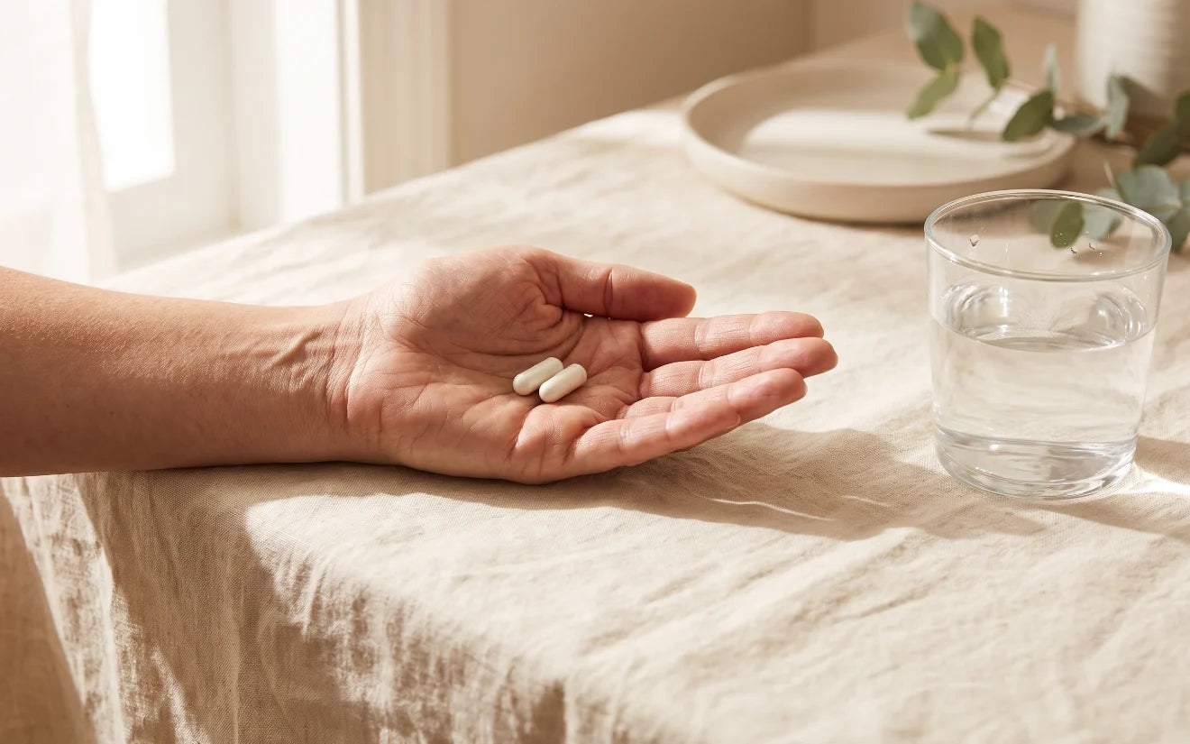 Two capsules in an open palm beside a glass of water on a sunlit counter
